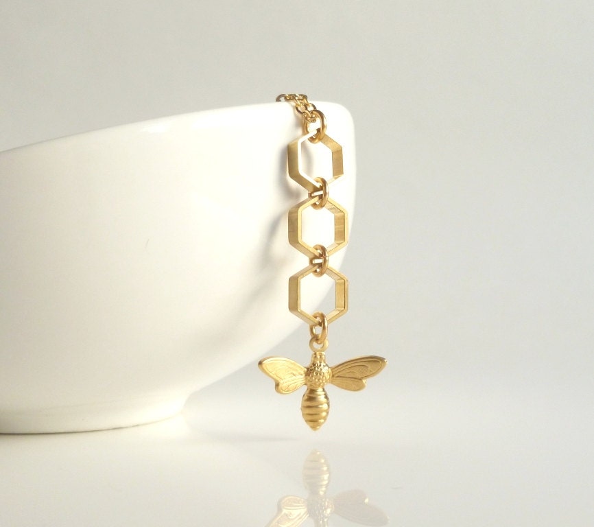 Gold Honeycomb Necklace - brass honey bee charm dangles from brass hexagons on gold plated delicate chain - BUZZ