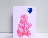 Party Bear - Greetings Card - Happy Red Bear with his Balloon