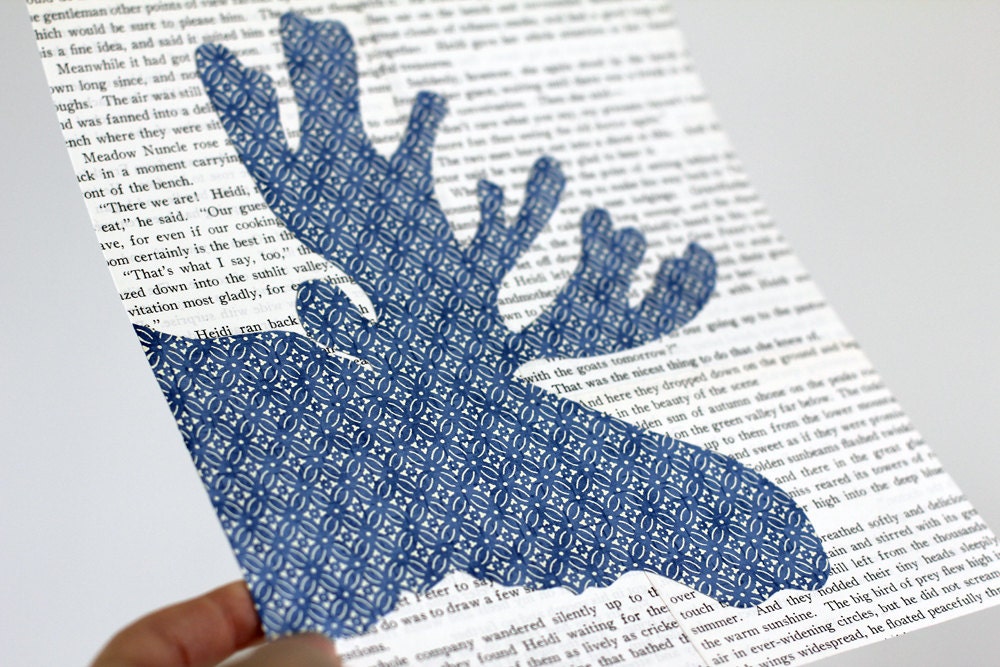 Moose Art with a Blue and White Geometric Patten and Vintage Text, Antler Art, Modern Woodland, Nursery Decor, Woodland Art, Animal Art