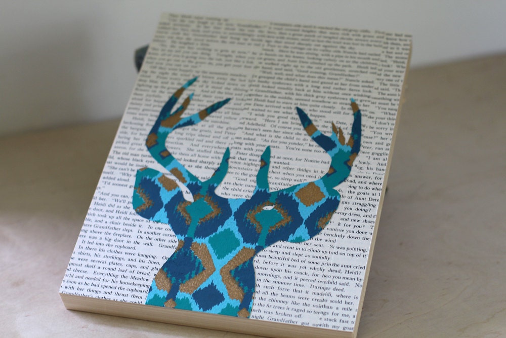 Ikat Deer Head Silhouette in Turquoise, Blue, and Gold, Deer Art, Deer Head With Antlers Over Vintage Book Pages, Woodland Wall Art, 9x12