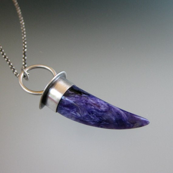 Purple Charoite Horn Pendant - Fang Pendant - Claw Charm Sterling Silver Pendant Necklace