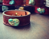 LUX Recycled Stamped Brown Leather Bracelet Bohemian Turquoise Gemstone Cuff