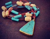 MEENA AQUA Hand braided Turquoise and Carved Bone Red Irish Waxed Linen Long Layering Tribal Necklace