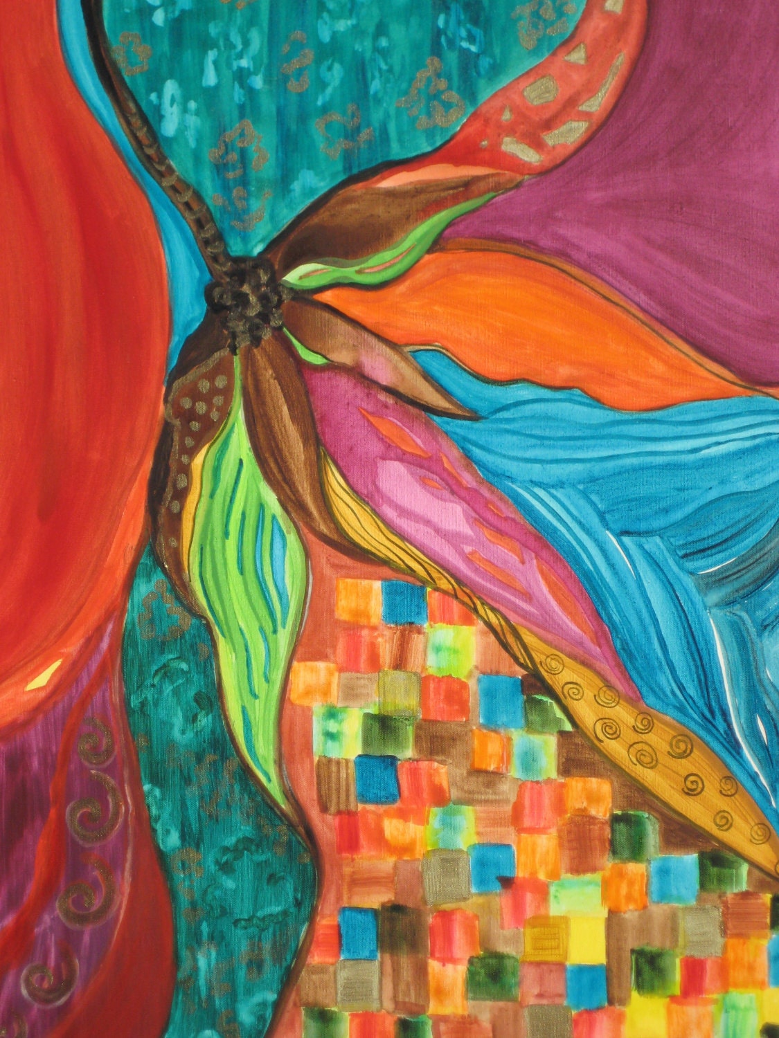 LARGE painting Abstract COMMISSION  24"x48" red green bronze magenta orchid flower by devikasart