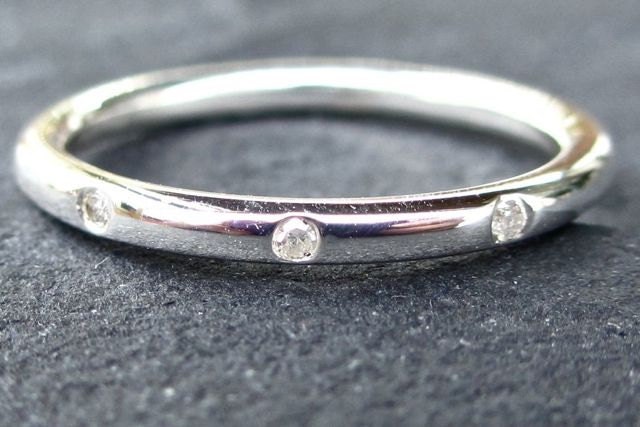 Three Diamonds and Sterling Silver Stacking Round Shank Ring 925 Handmade Size: 6 3/4