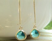 Blue zircon SMALL tear shape glass dangles on gold kidney wire earrings.  Everyday.  Bridal.