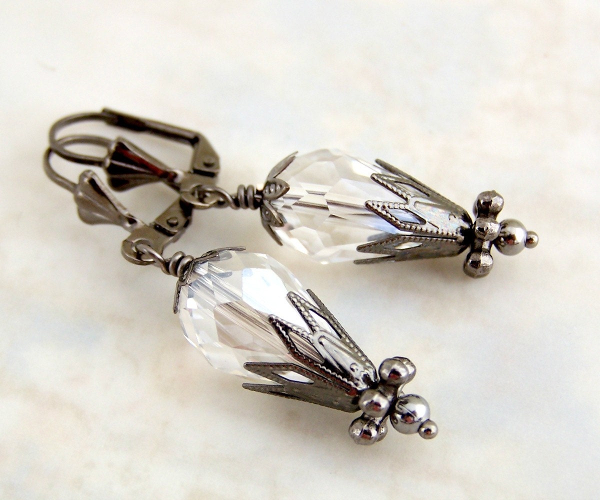 Goth hot air balloon earrings - Gunmetal and Crystal Balloons - Steampunk Balloon Earrings