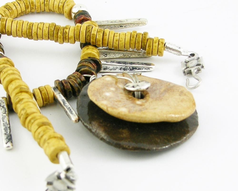 necklace ceramic and silver brown caramel barley honey spikes modern tribal southwestern one of a kind ooak unisex