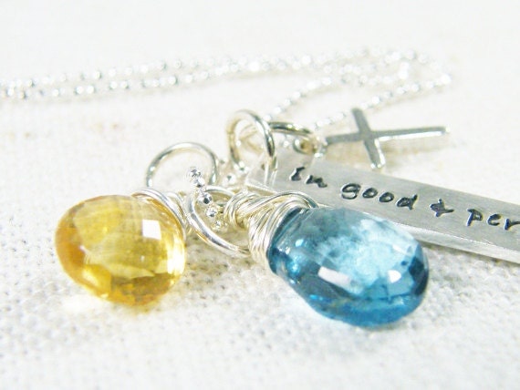 in good and perfect time sterling silver hand stamped pendant with cross golden citrine and blue topaz
