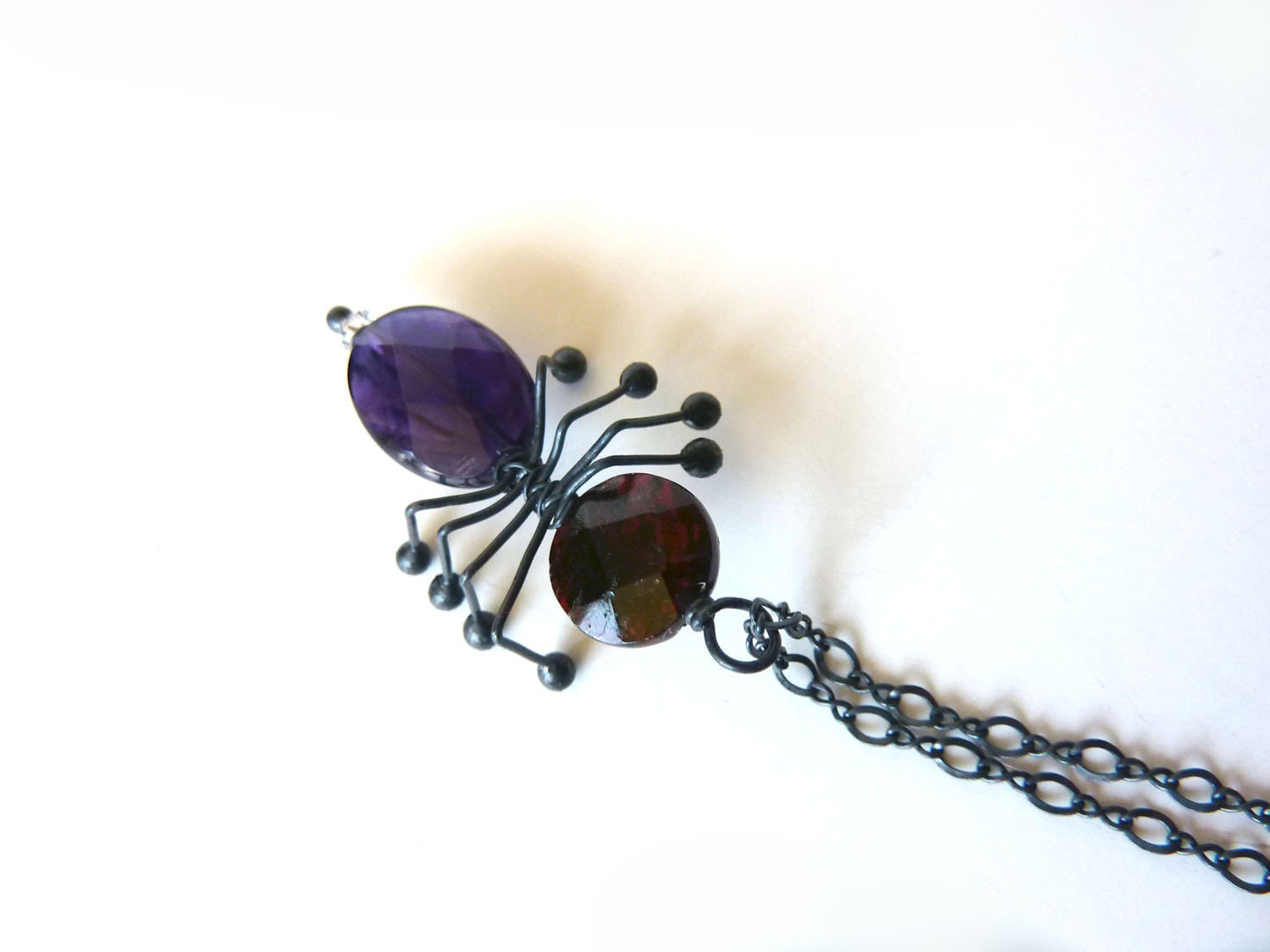 Garnet and Amethyst  Spider Necklace - Oxidized Sterling Silver - Spider Jewelry - Tagt