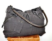 Large Upcycled Bag,recycled leather handle, zipper embellished, brown pinstriped, Roomy purse, Fully lined