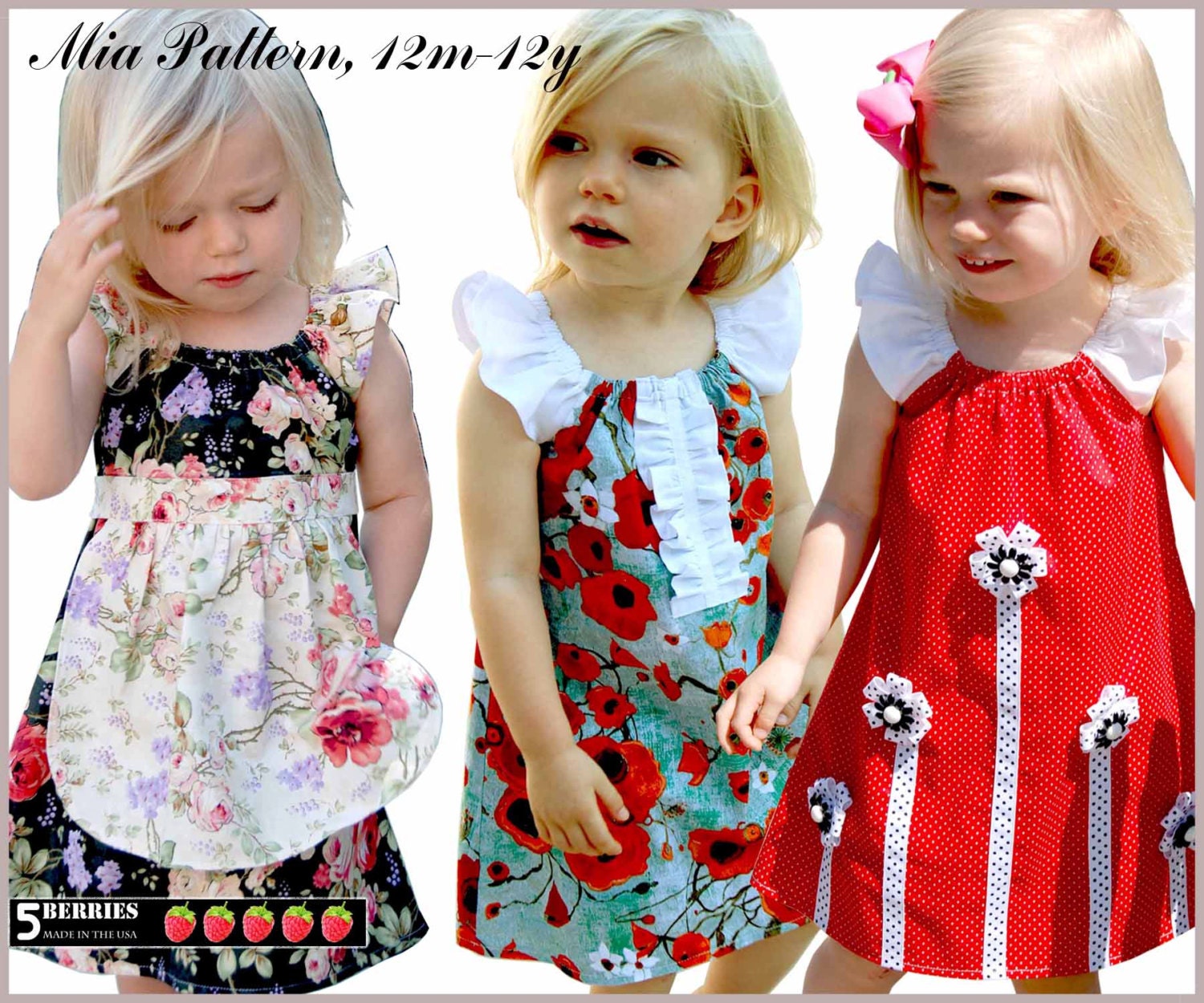 3 GIRLS DRESS PATTERNS in One, Mia peasant dress pattern, Sewing patterns for children, pdf, e book, tutorial, 5 berries, baby, toddler