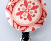 Peach and White Geometric Floral Fabric Covered Badge Reel, ID Holder OR Keychain
