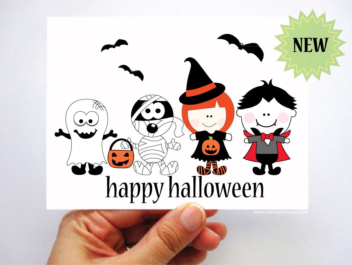 6 Happy Halloween Card, Cute Halloween children parade, a spooky ghost, a Mummy, a witch and a cute vampire A307 Il_570xn