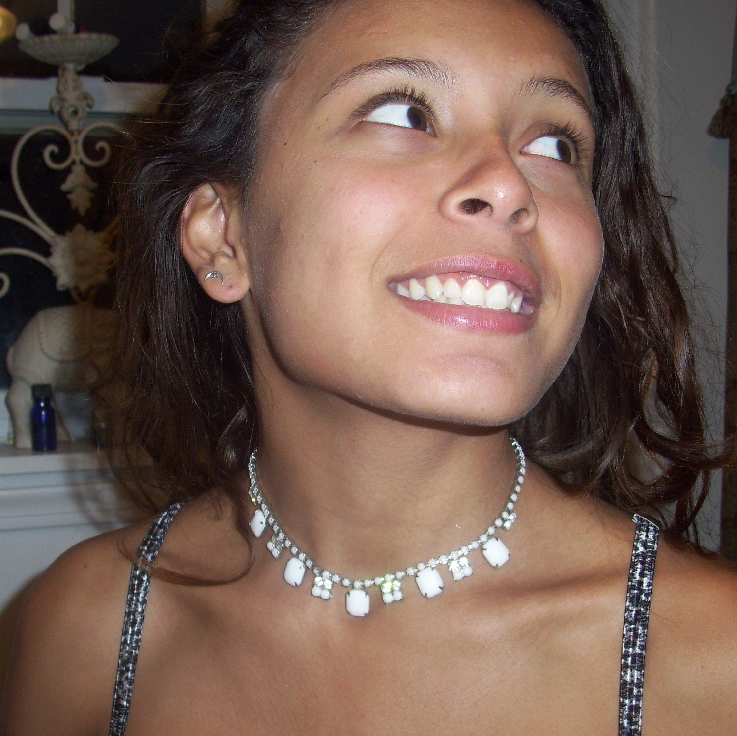 Vintage 1940s White Milk Glass Fashion Necklace with Clear Rhinestones