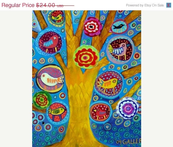 SALE ENDING - 11x14 BIRD Tree Art print poster of painting Folk Art Landscape