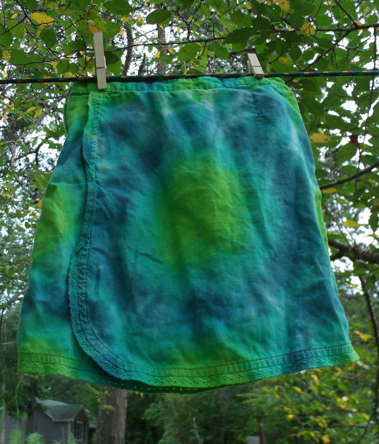 Up-cycled Little Water Goddess Tie Dyed Skirt / 5T Linen Skirt w/ Eyelet Trim Hand Dyed in Greens and Blues