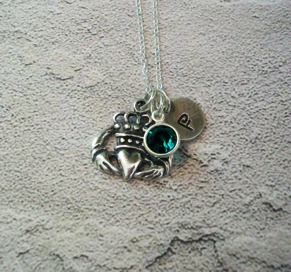 Claddagh Necklace with Handstamped Sterling Silver Disc, Swarovski Birthstone, Personalized Necklace