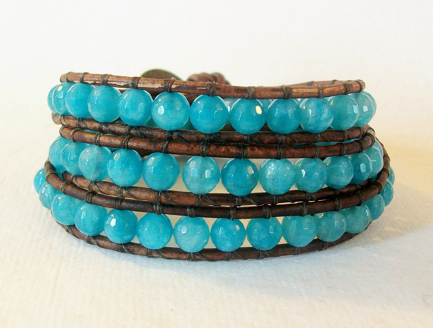Leather Wrap Bracelet, Faceted Quartz Bracelet, Blue Sponge Quartz Beaded Wrap, Chan Luu Style Triple Wrap Bracelet