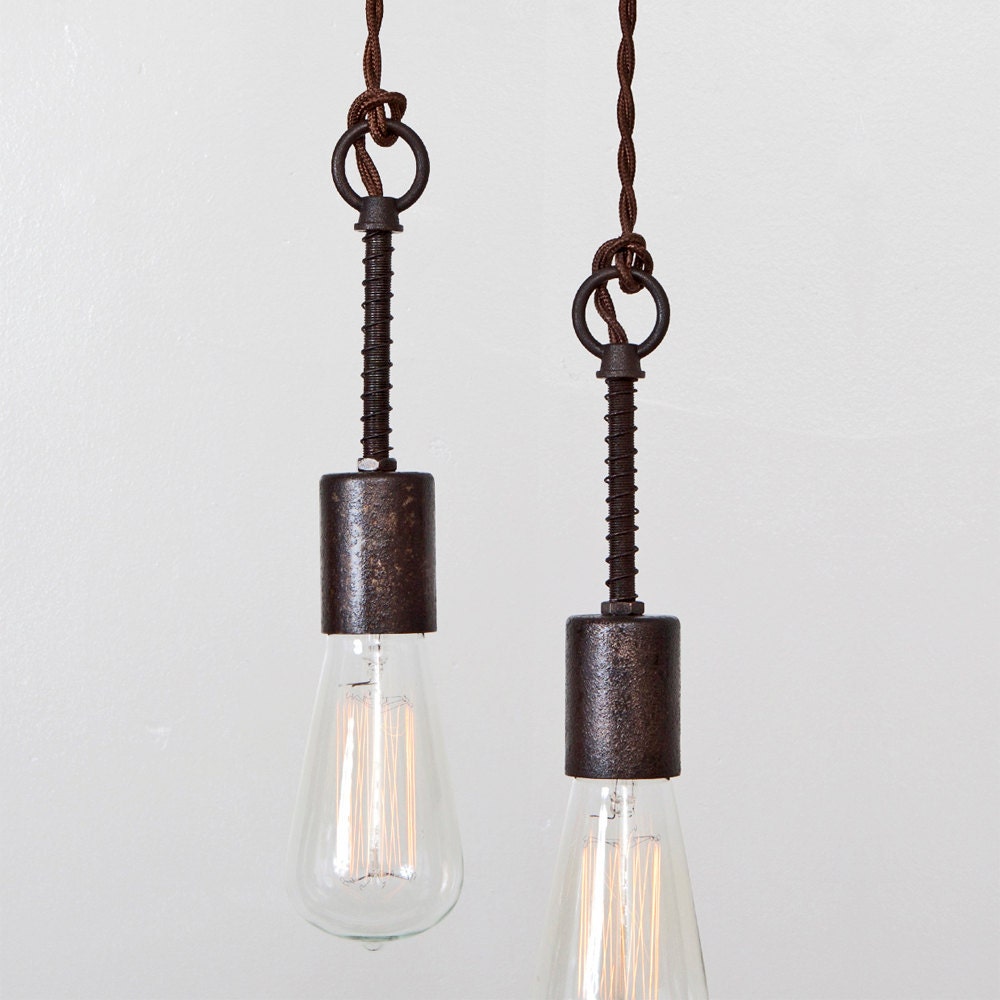 Industrial Spring Pendant Light Bare Bulb Trouble Light Pendant Lamp - Vintage Rustic Modern // Cloth Covered Twisted Cord & Bakelite Plug