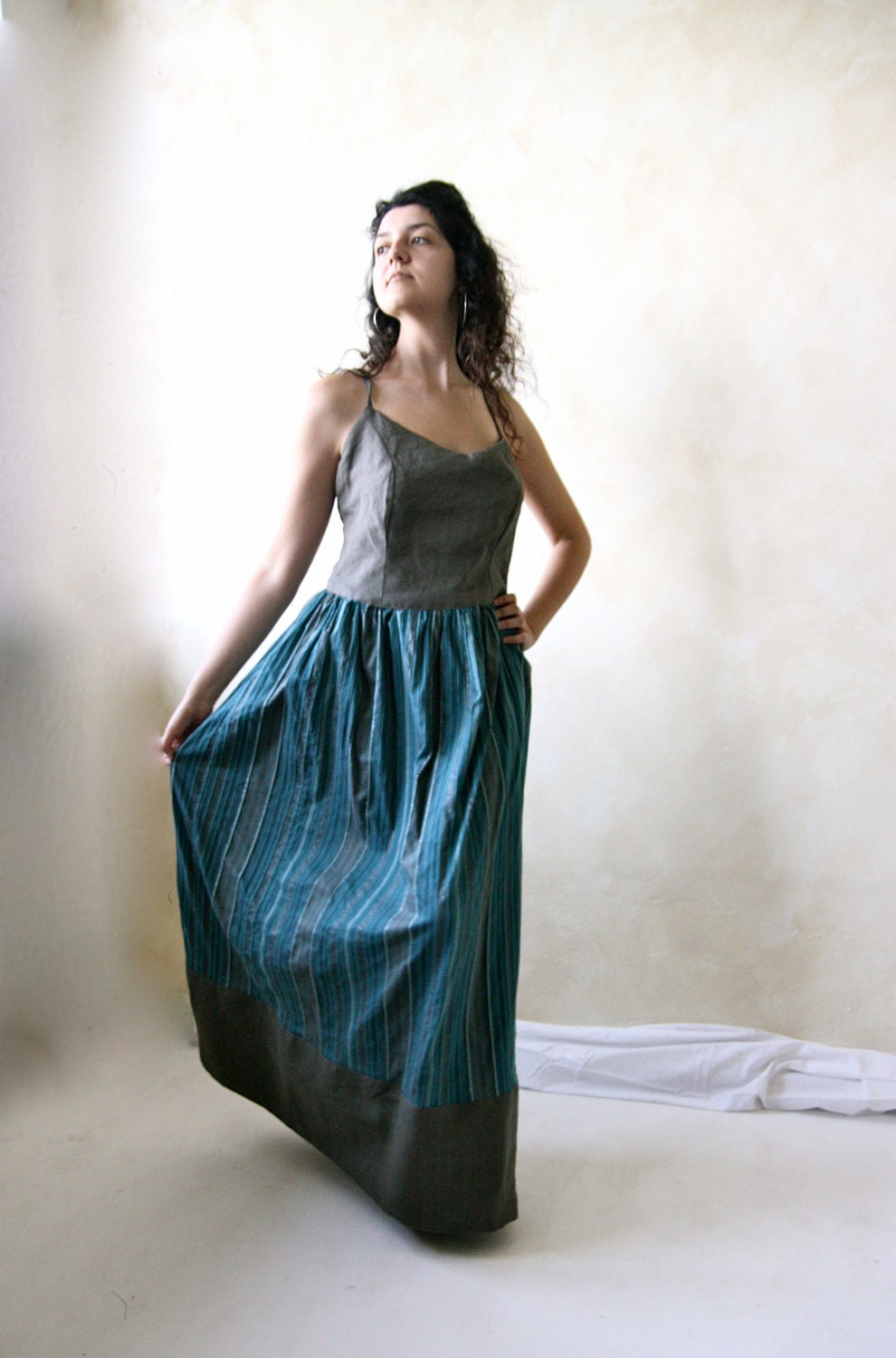 Open Back Maxi Dress - Linen and Cotton Long Dress - striped skirt - sea's Nymph dress - sizes 8 10 12