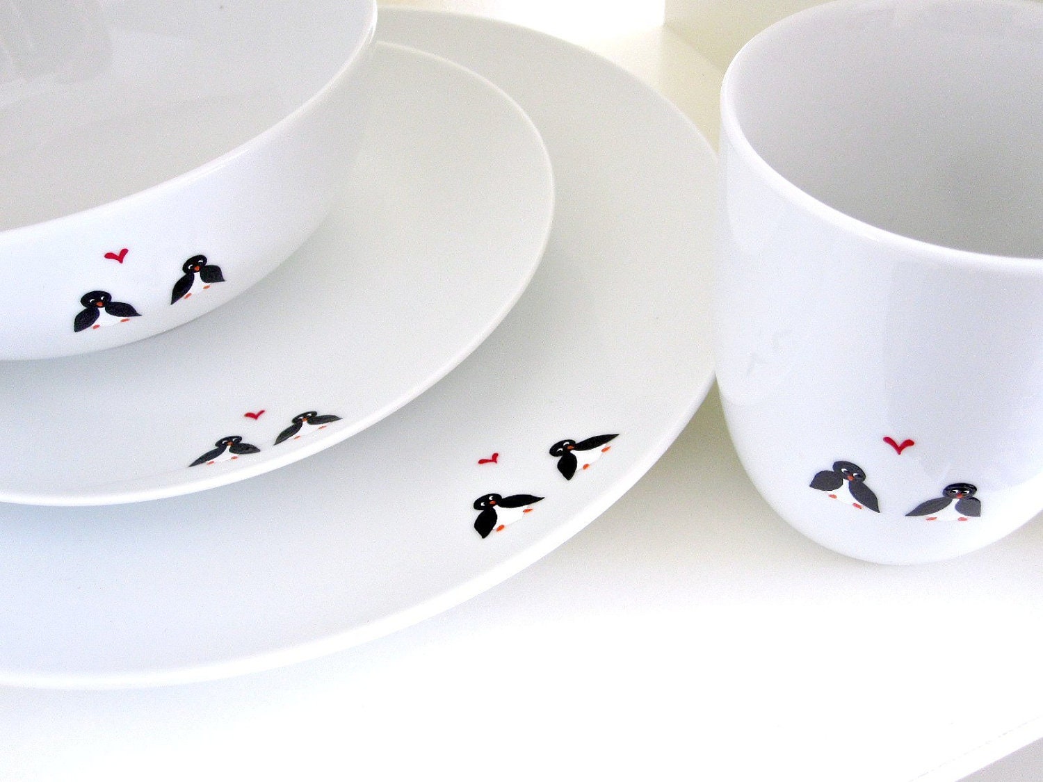 Penguins in Love Painted Porcelain Dinnerware- 4 Piece Set