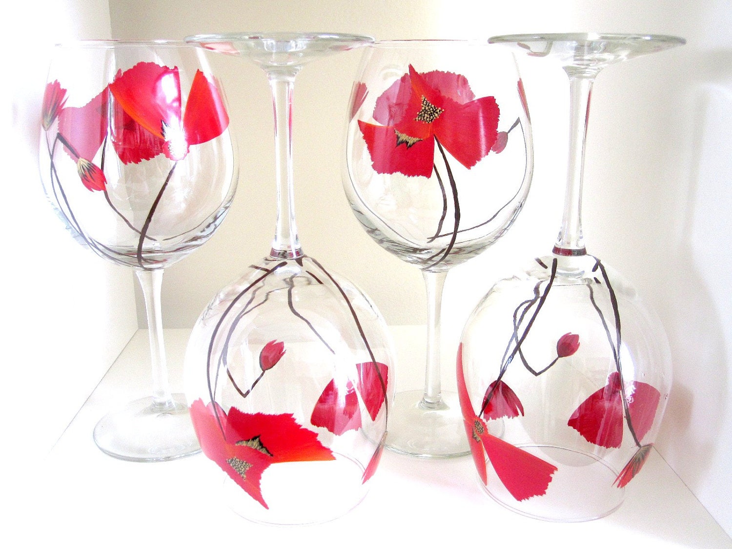 4 Hand Painted Wine Glasses- Red Poppies Glassware