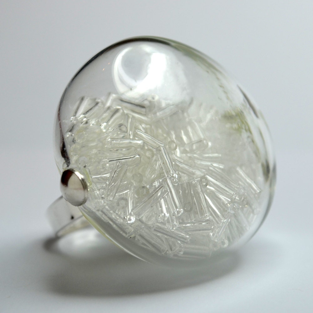 Clear bugle beads in round blown glass silver tone Ring
