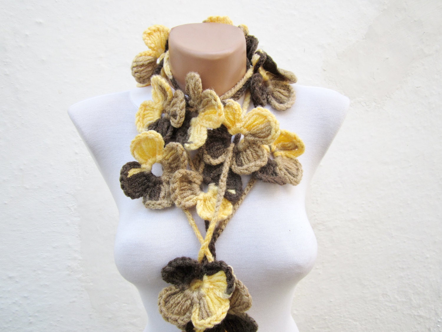 SALE % 20 - Was 25 Now 20- Hand crochet Lariat Scarf Yellow Brown  Flower Lariat Scarf Colorful Variegated Long Necklace Holiday Accessories - nurlu