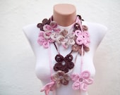 Hand crochet Lariat  Scarf Pink Brown Flower Lariat Scarf Colorful Variegated Long Necklace  winter fashion