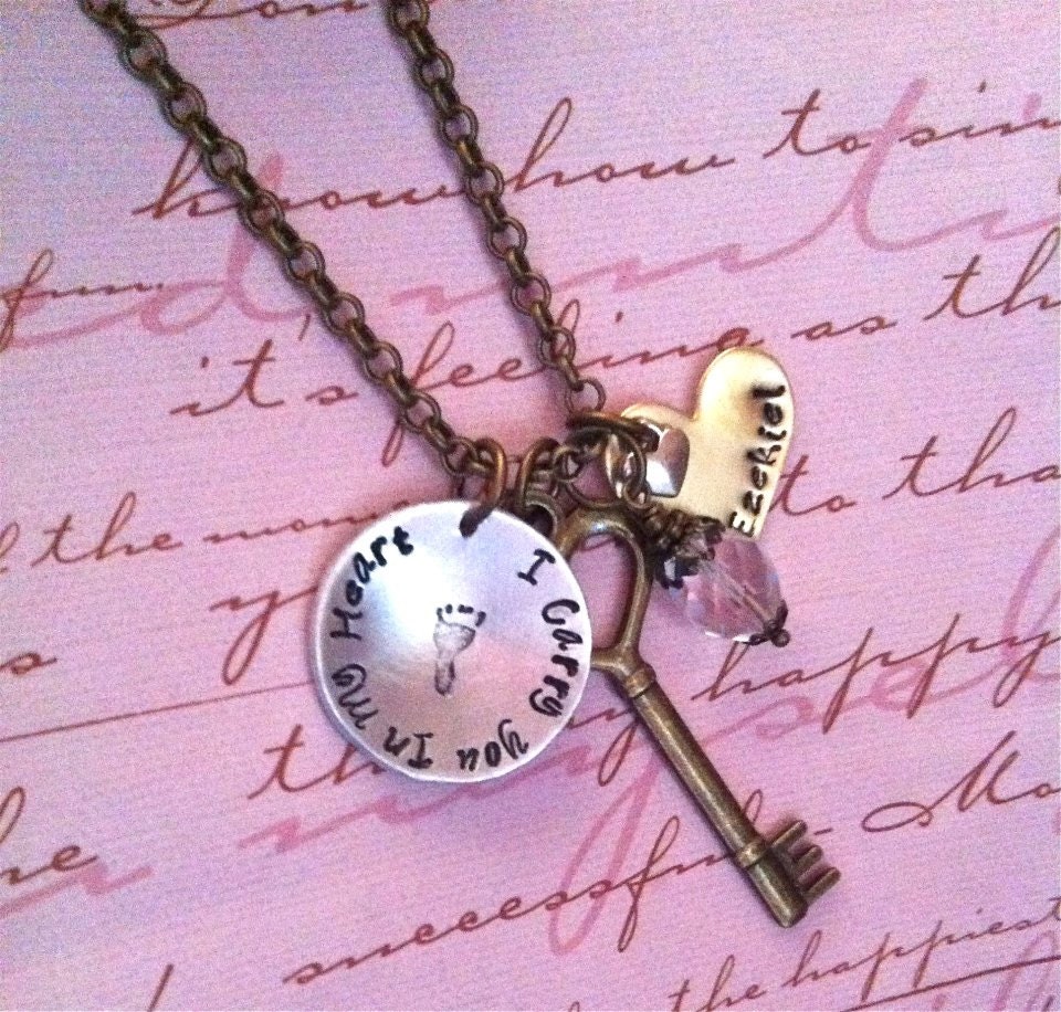 NEW-I Carry You In My Heart & Key...Hand Stamped Charm Necklace