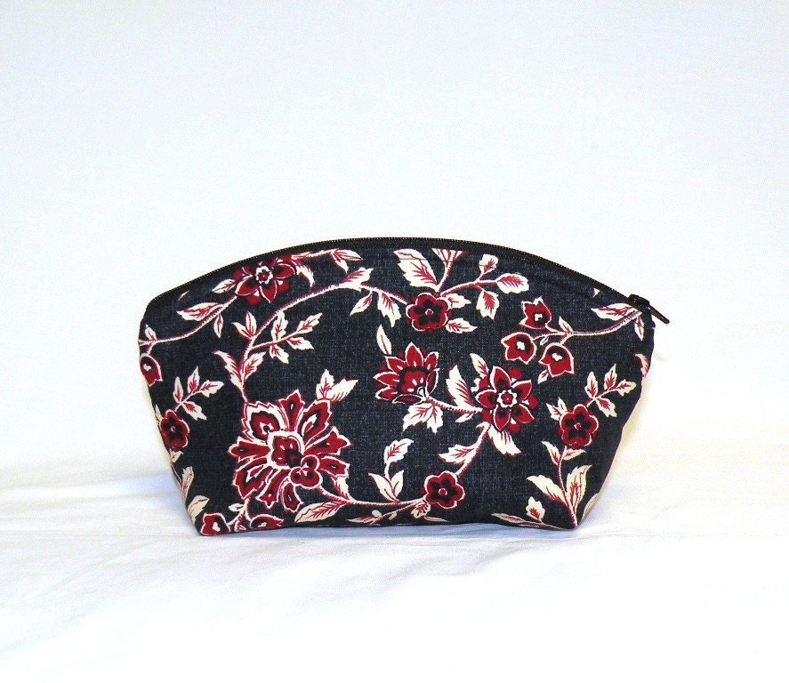 Extra Large Domed Make Up Bag in a beautiful floral in red, cream, black and grey