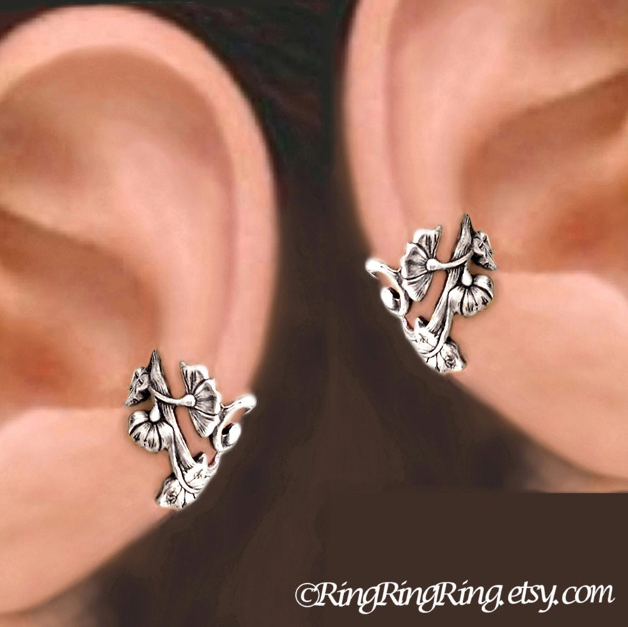 Set of 2 - Art Nouveau silver ear cuff earrings -  non pierced Right & Left flower Earcuff 082212