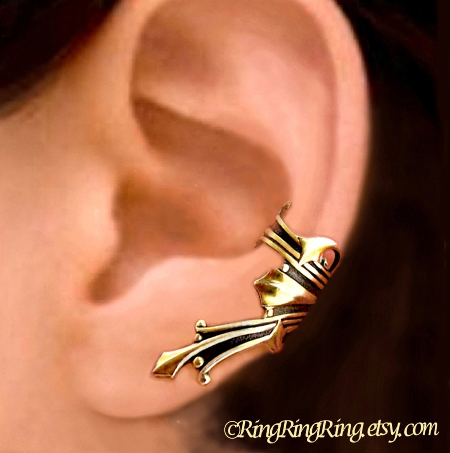 Roman ear cuff gold brass earring jewelry - Left non pierced earcuff for men and women 082212