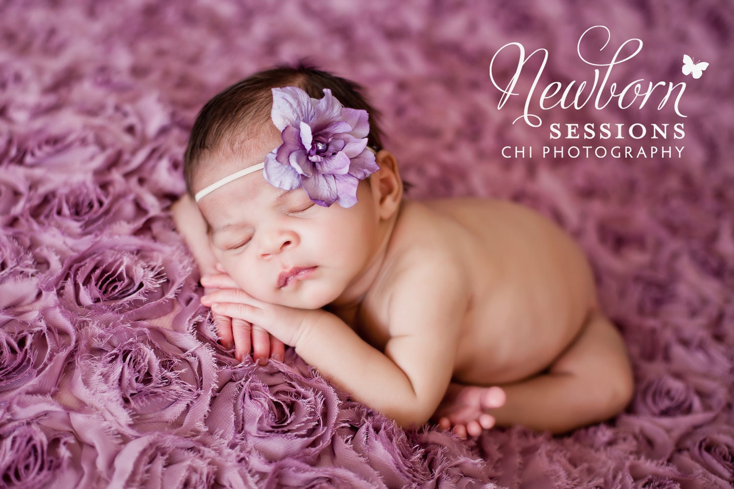 Skinny elastic purple flower headband for newborn baby or little girl, great photo prop