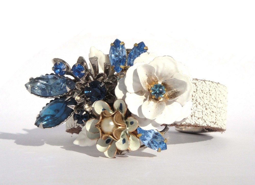 Something blue bridal bracelet - shabby chic repurposed vintage wedding cuff bracelet - bridesmaid gift bracelet in blue and white
