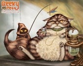 Jabba the Cat - 10x8 art print -  Star Wars Jabba cat holding slave Leia mouse with a Jawa cat entertaining him with a feather toy