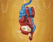 Spideycat - 8 x 10 art print - cat dressed like spiderman hanging from web yellow ochre white kitty cat toy