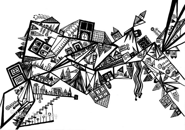 Original Black and White Abstract Drawing, "Jagged City," Original Archival Ink Pen Line Illustration Geometric Houses