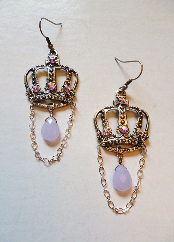 Silver Plated Royal Crown Earrings with Chalcedony Gemstone Drops and AB Swarovski Crystal Rhinestones // Fantasy Whimsy Shabby Chic Retro
