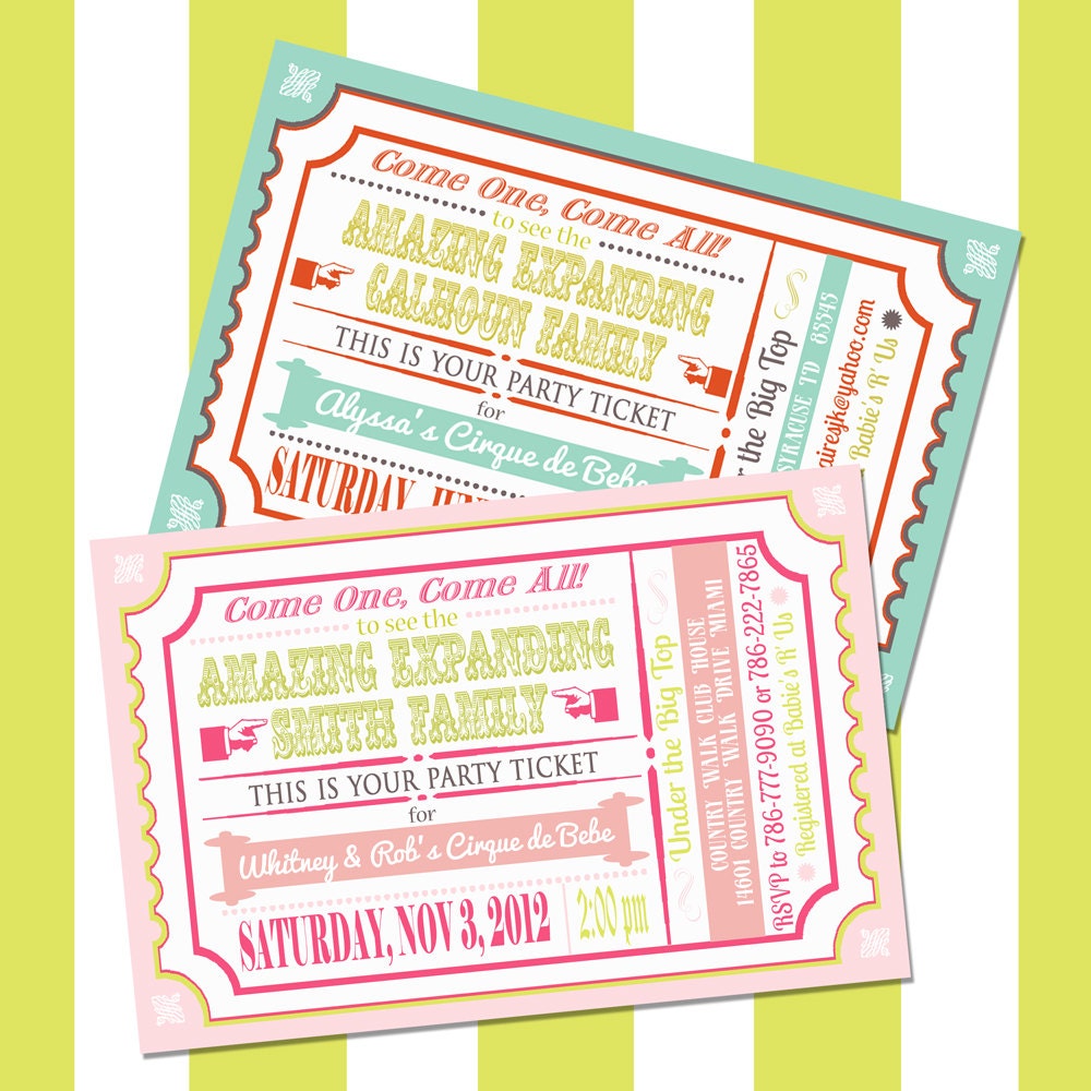 Custom Circus Baby Shower Invitation, Printable Vintage Carnival Ticket, Gender Reveal Party, Pink, Blue, Orange