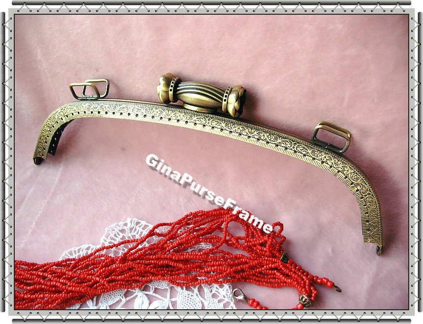 26cm (10 1/4 inch) slap flower-bead embossed vintage metal purse frame (color antique brass)-1piece
