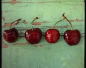 Cherry Photograph - 4 Cherries Turquoise Blue Red Painted Wood 8 x 8 Signed Art Photo - Wall Decor