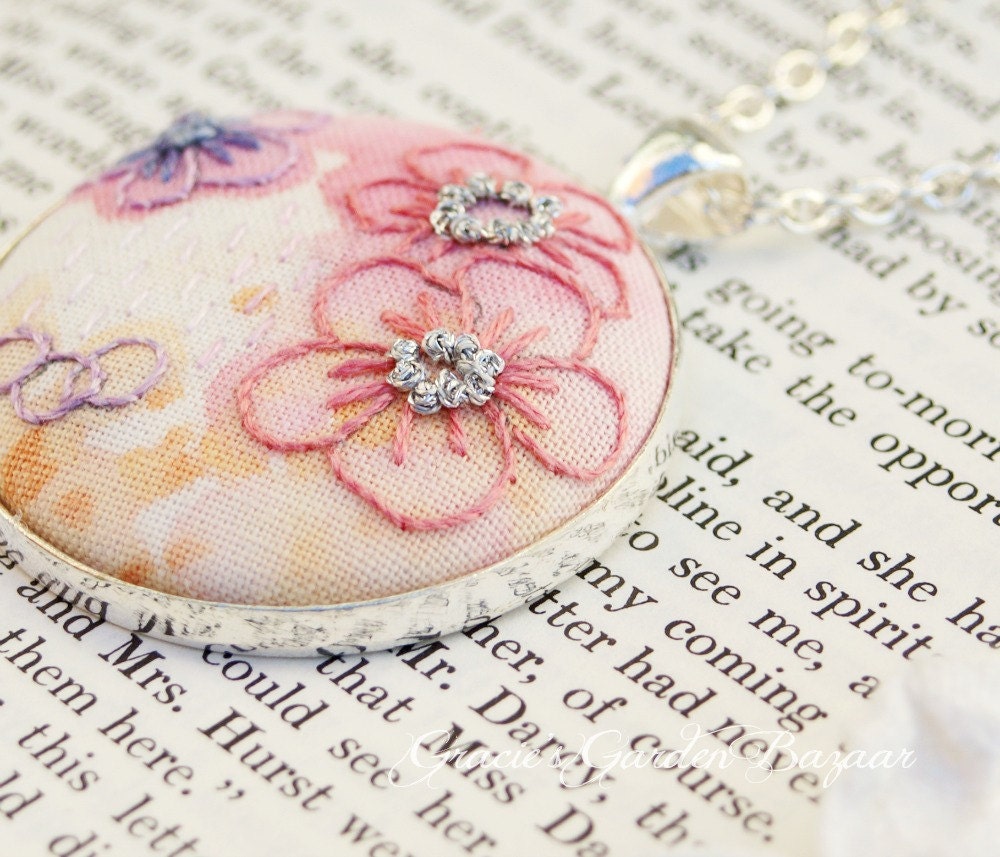 Hand Embroidered pendant,floral necklace, pink,wearable art,OOAK,hand painted,romantic