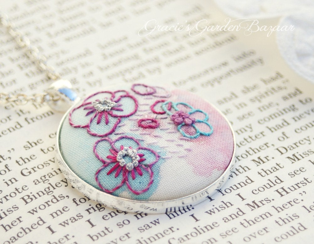 Hand Embroidered and painted floral pendant,necklace,pink,turquoise,One of a Kind,romantic