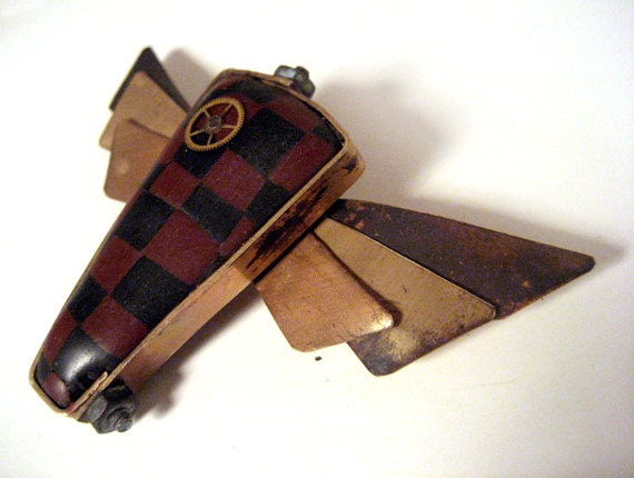 Checkered Steampunk Industrial Winged Brooch - Alice in Wonderland - Red/Black