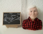 Sculpture of Carl Woese, with blackboard showing his three domains model, felt bust MADE TO ORDER