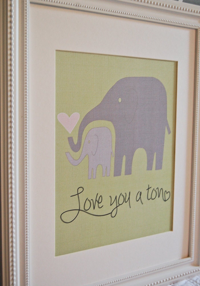 8x10 nursery print love you a ton elephants in green and gray