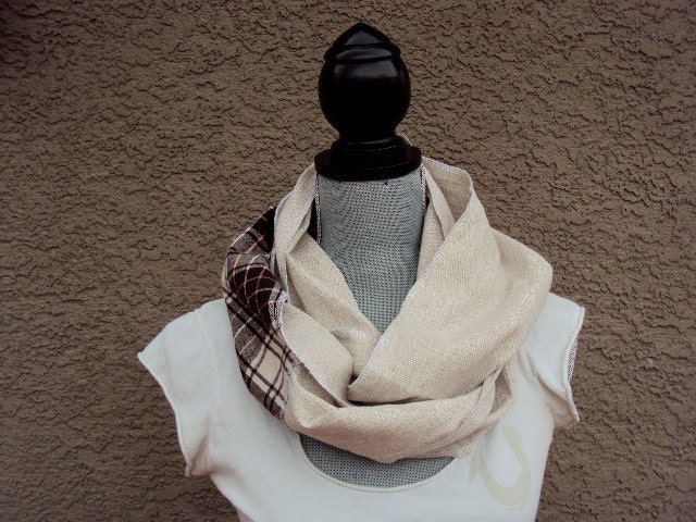SALE Cream Linen and Plaid flannel Infinity Scarf