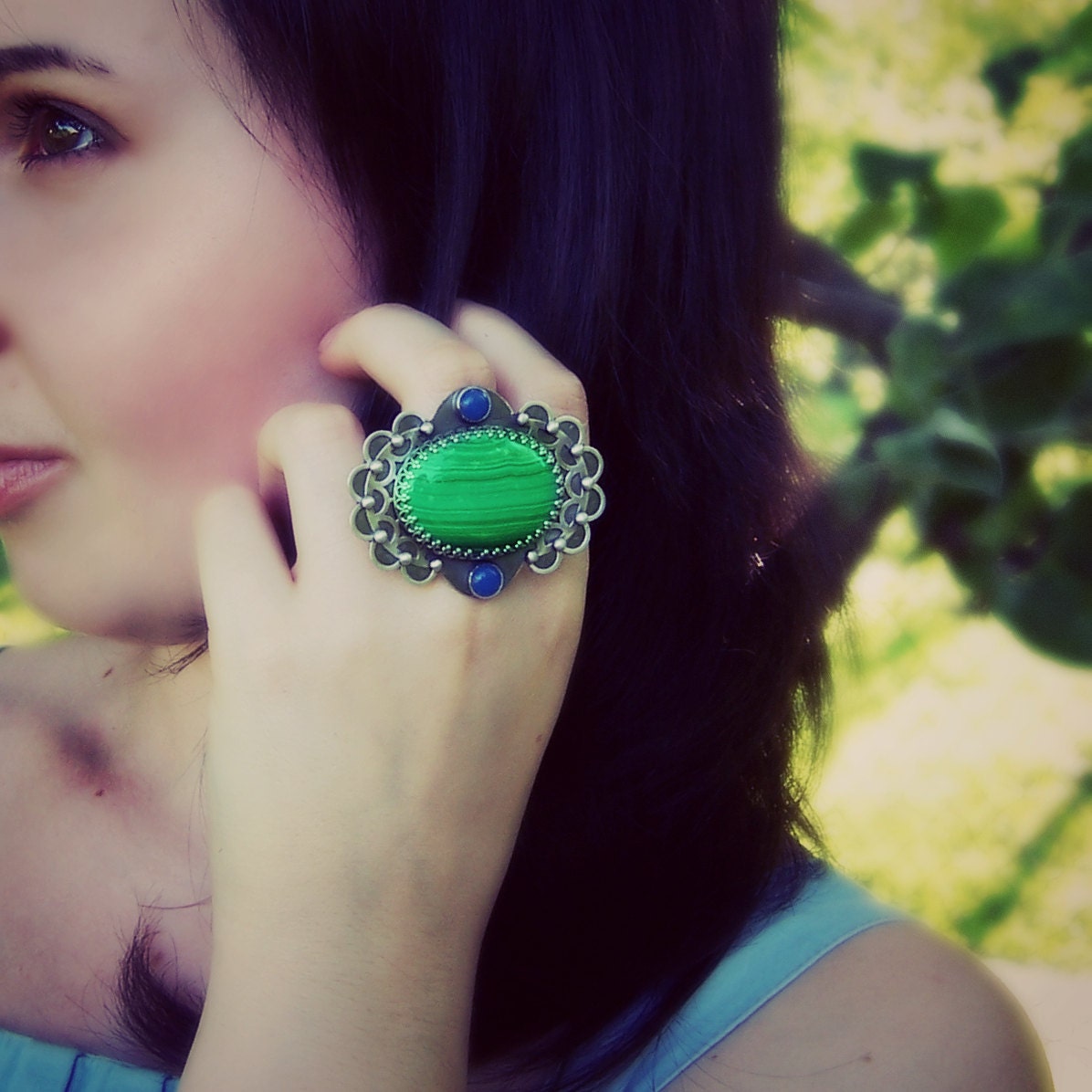 XL large sterling silver metalsmith ring with gemstones malachite and agate, blue green, filigree and flower metalwork, cabochon ring